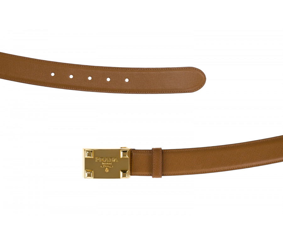 'Saffiano' leather belt with gold buckle 