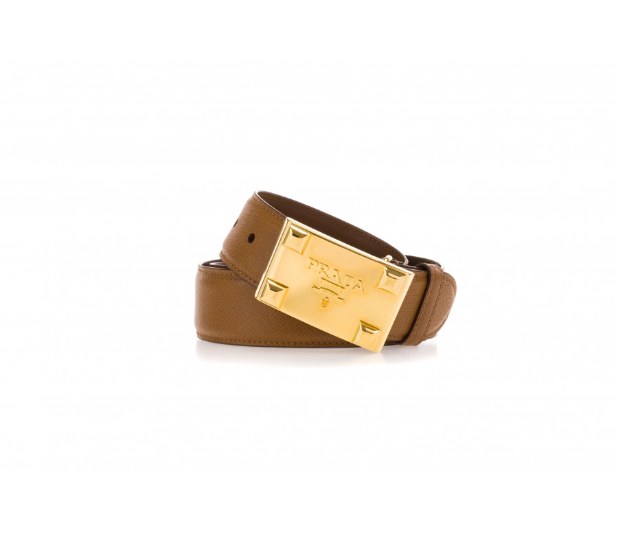 'Saffiano' leather belt with gold buckle 