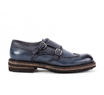 Washed leather brogue monk strap shoes