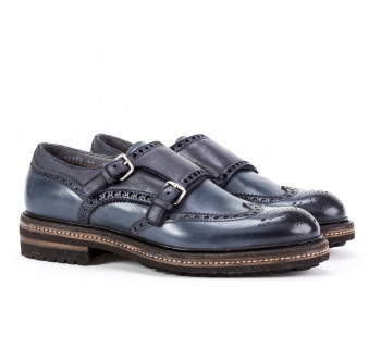 Washed leather brogue monk strap shoes