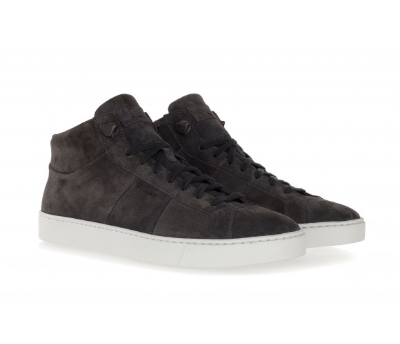 Suede Leather High Top Sneakers With Stitchings