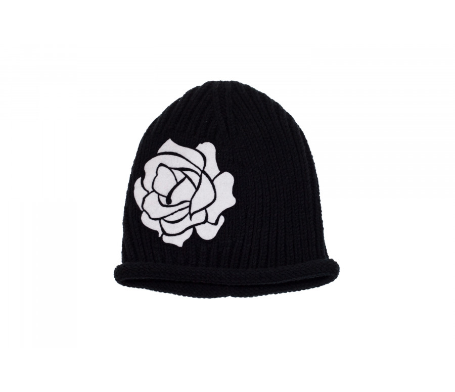 Wool Blend Beanie Hat With Rose Patch