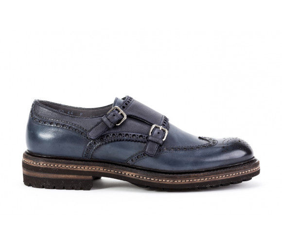Washed leather brogue monk strap shoes