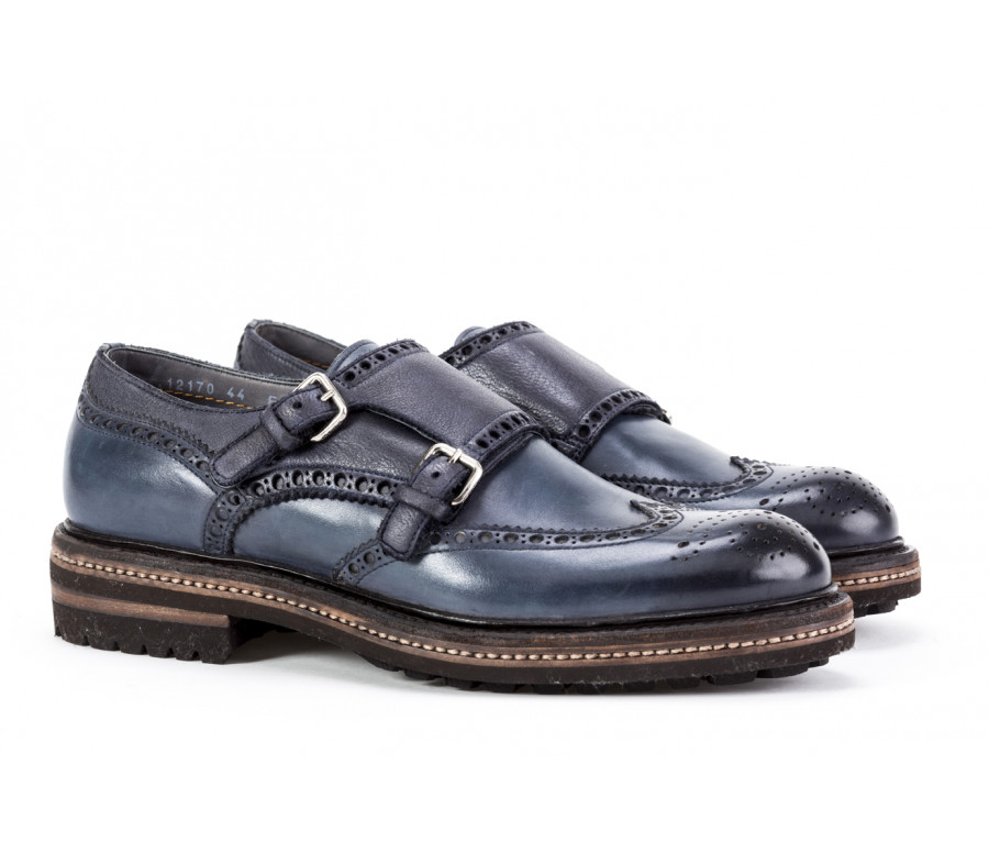 Washed leather brogue monk strap shoes