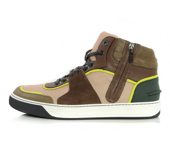 Leather & mesh fabric mid-top sneakers 