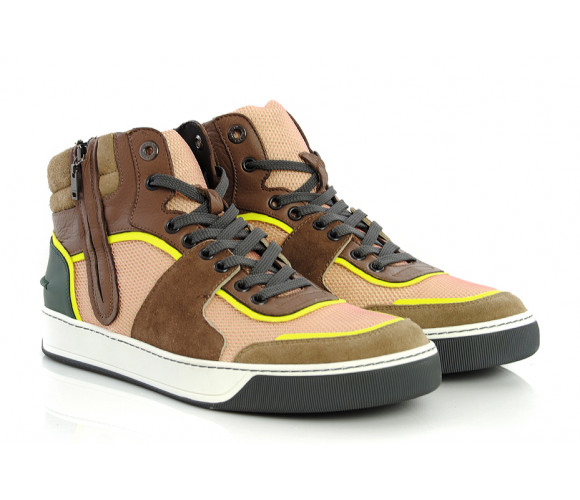 Leather & mesh fabric mid-top sneakers 
