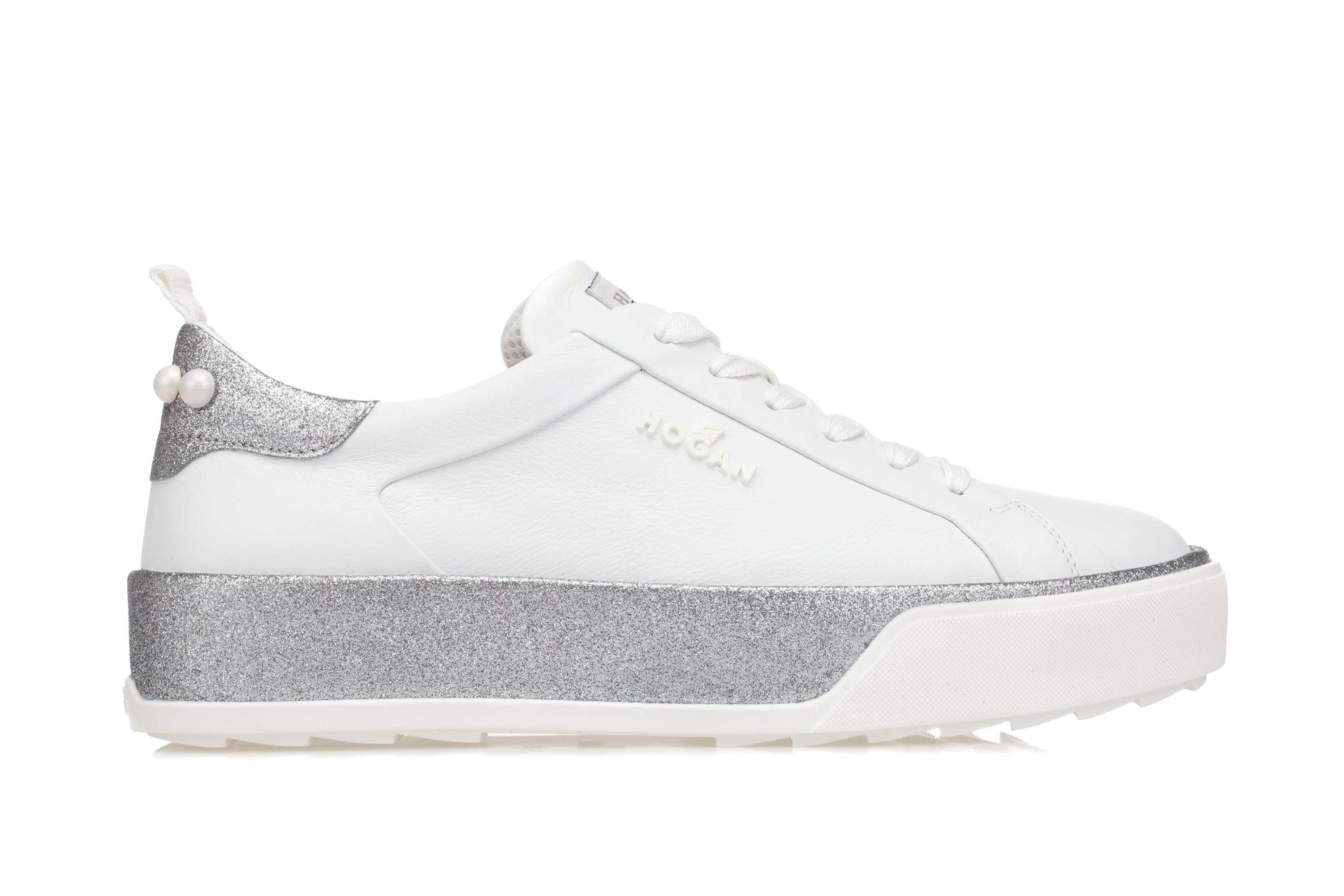 HOGAN Scarpe Sneakers Donna R320 Pelle Bianca Glitter Argento Perle Applicate HOGAN Scarpe Sneakers Donna R320 Pelle Bianca Glitter Argento Perle Applicate