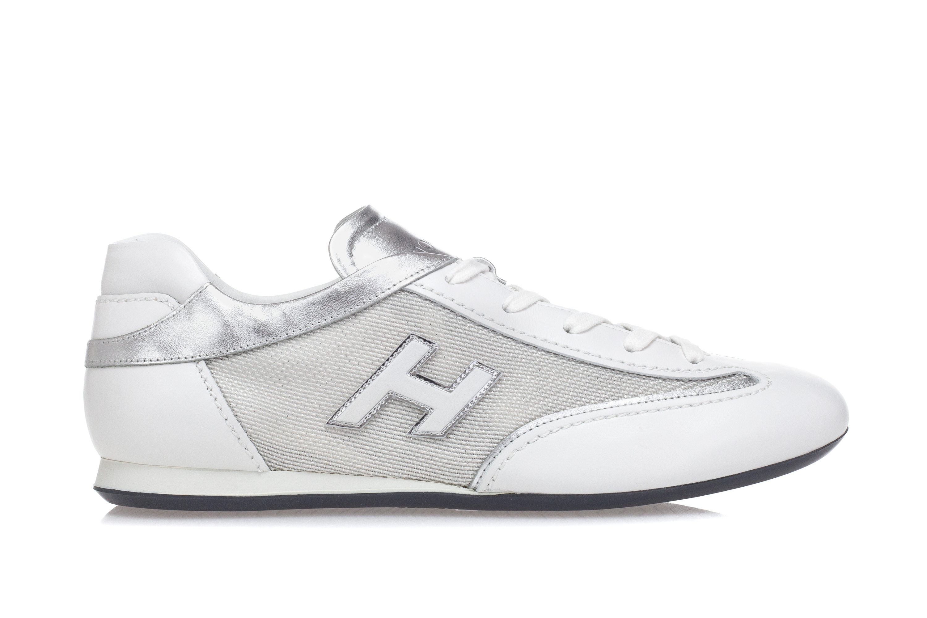 HOGAN Scarpe Sneakers Donna OLYMPIA Pelle Tessuto Bianco Metallizzata Argento HOGAN Scarpe Sneakers Donna OLYMPIA Pelle Tessuto Bianco Metallizzata Argento