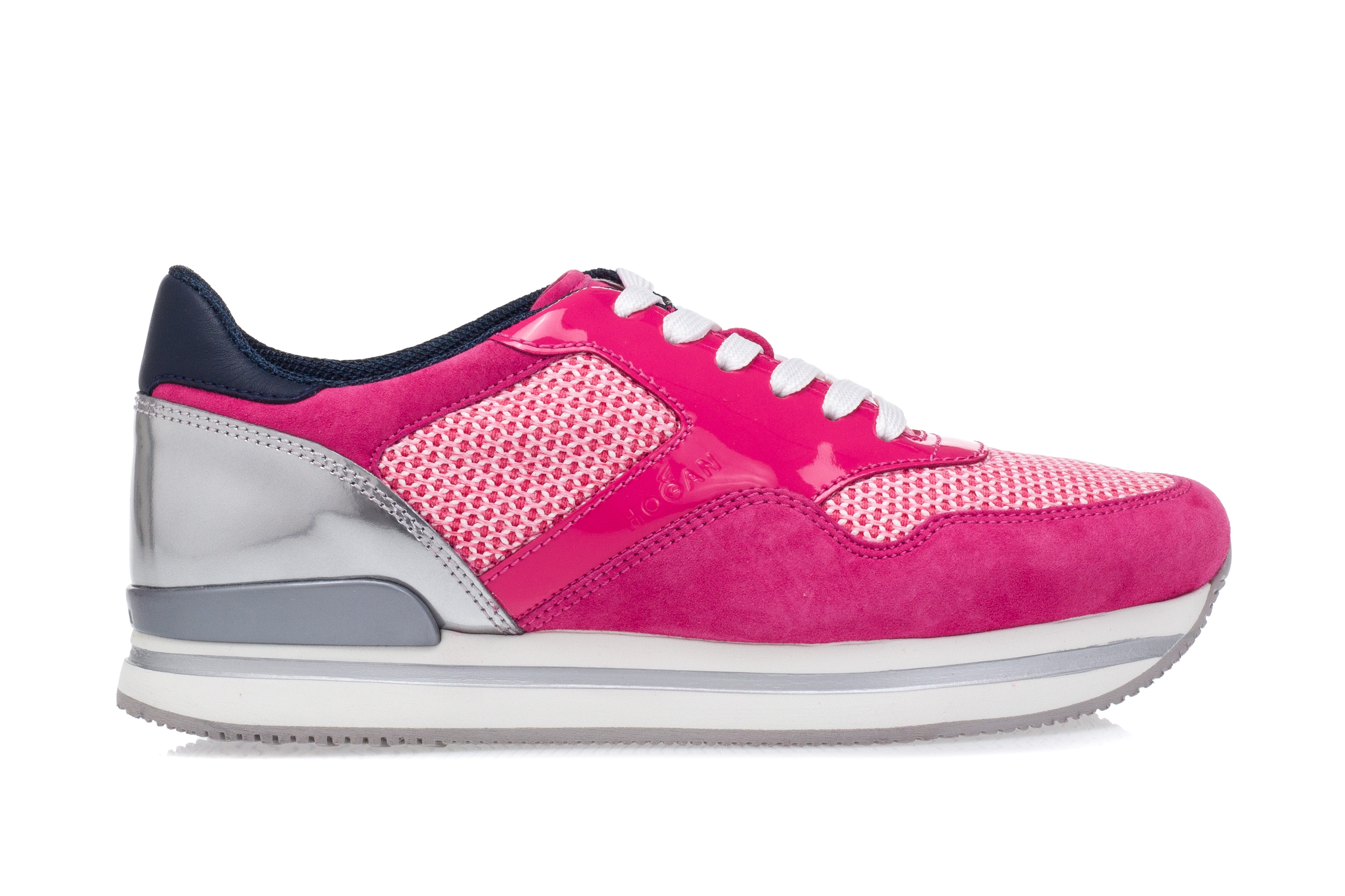 HOGAN Scarpe Sneakers Zeppa Donna H222 Pelle Scamosciata Vernice Fucsia Argento HOGAN Scarpe Sneakers Zeppa Donna H222 Pelle Scamosciata Vernice Fucsia Argento