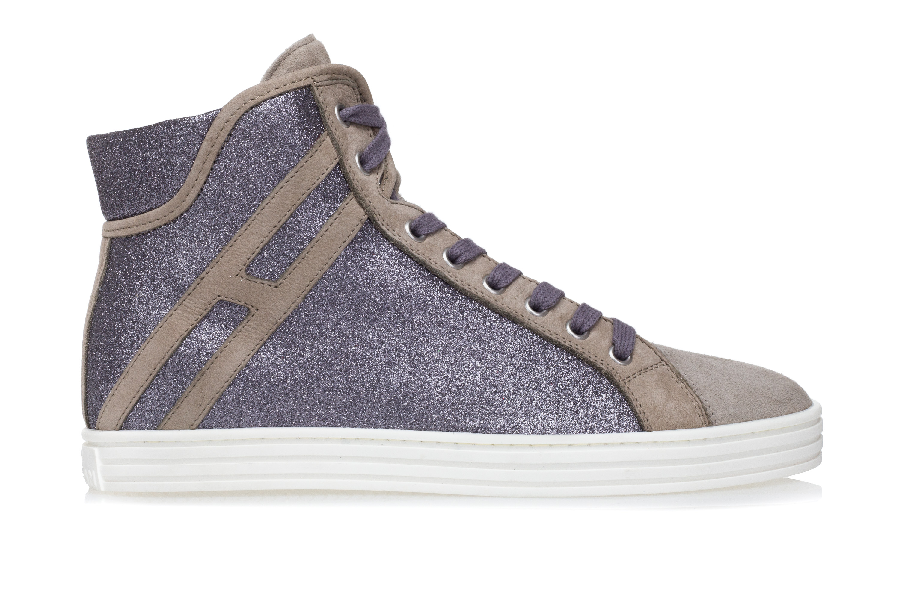HOGAN REBEL Scarpe Sneakers Alte Donna R182 Glitterate Argento Nabuck Beige HOGAN REBEL Scarpe Sneakers Alte Donna R182 Glitterate Argento Nabuck Beige